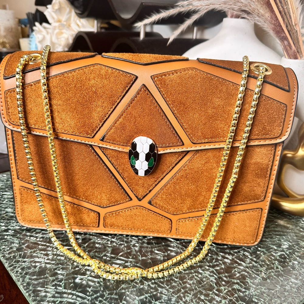 Caramel Suede Snake Lock Chain Bag